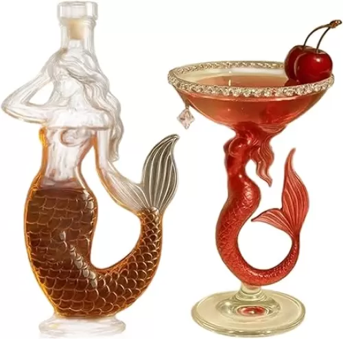 Mermaid Whiskey Decanter Set, Mermaid Whiskey Rocks Glass - Fun Mermaids Themed Decor and Gifts for Beach Lovers, for Wine, Whiskey, Scotch, Tequila or Any Drink, Funny Gifts (#A+B)