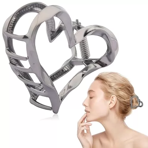 Metal Heart Hair Clip for Women Girls, 1Pcs Gunmetal 2.36 Inch Metal Heart Hair Claw Clip, Elegant Hair Accessories for Thick Thin Hair