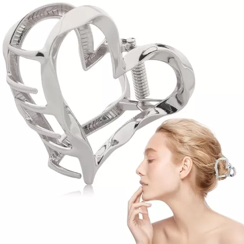 Metal Heart Hair Clip for Women Girls, 1Pcs Silver Metal Hair Claw Clip Elegant Hair Accessories for Thick Thin Hair