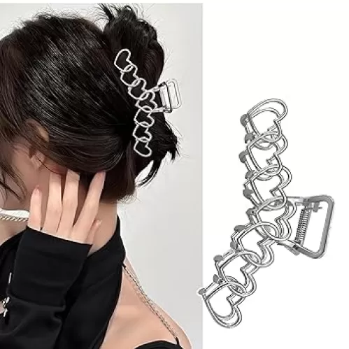 Metal Heart-Shaped Hair Claw Clip (1 Piece) - Easy to Use and Stylish Accessory for Thin and Thick Hair (Silver)