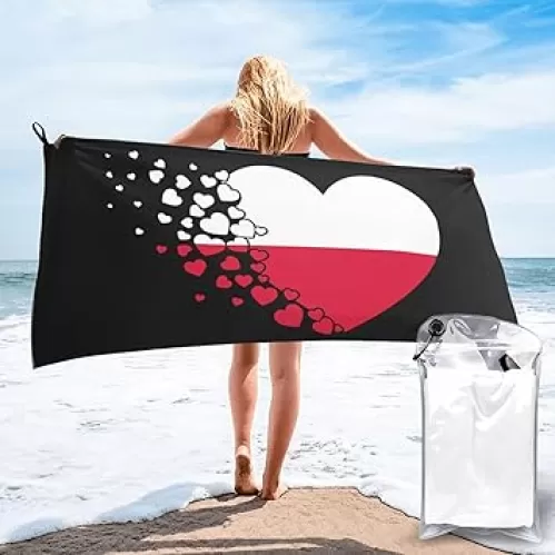 Microfiber Beach Towel Poland Polish Heart Shaped Flag Quick Dry Bath Towel for Men and Women Lightweight Soft Travel Towel 31.5"X63"