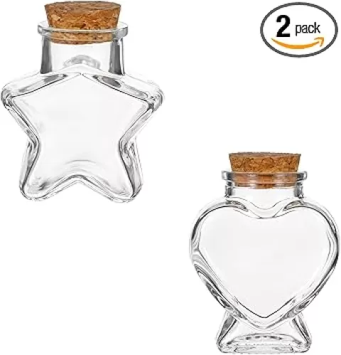 Mini Glass Bottles with Cork Stoppers, 2 Pcs Heart-Shaped Decorative Jars Star Shaped Small Decorative Glass Bottles with Cork Lid for DIY Art Crafts Decoration Party Supplies Favor Bottle