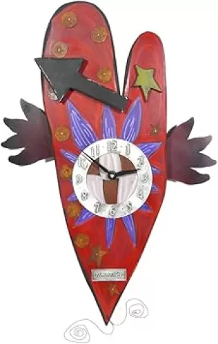 Modern Artisans 'Time Flies' Folk Art Heart Wall Clock, American Made Carved Wood & Pewter, 25"