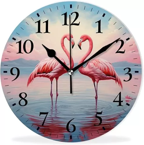 Modern Wall Clock Silent Non-Ticking Clock Quartz Battery Operated Analog Clock Decorative for Living Room-Flamingos Form Hearts on The Lake(10inch)