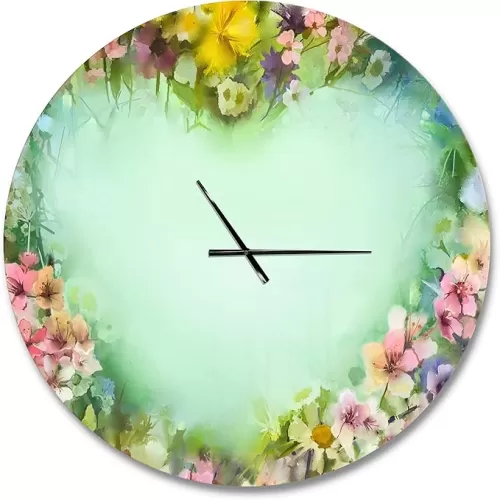 Modern Wall Clock 'Vintage Flowers with Heart Shape ' Green Round Wall Clock for Bedroom Decor
