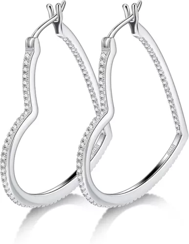 Moissanite Sterling Silver Hoop Earrings for Women, 925 hypoallergenic Large Silver Heart Shaped Lightweight Dangle Drop Huggie Earrings, 30mm