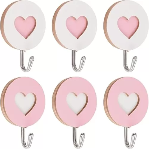 MOROBOR Wooden Pink Double Heart-Shaped Self-Adhesive Hooks, 5pcs Key Holder Coat Hook Strong Adhesive Hooks for Home Office Hotel Wall Decoration