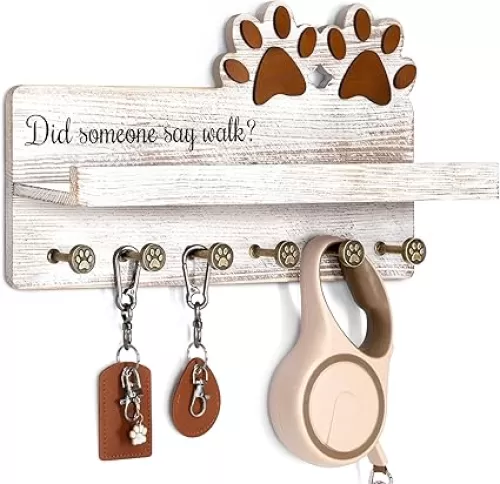 MTERSN Farmhouse Dog Leash Holder for Wall - Dog Stuff Organizer and Key Holder Wall Mount with a Floating Shelf & 6 Hooks for Home Decor - Perfect Gifts for Dogs Lovers (White)