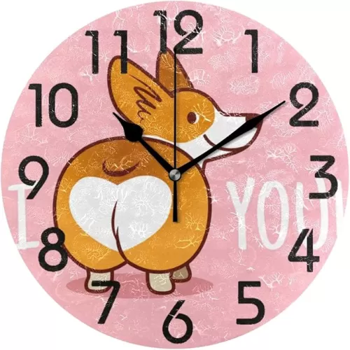 Naanle Cute Cartoon Welsh Corgi Dog Butt Heart Round Wall Clock Decorative, 9.5 Inch Battery Operated Quartz Analog Quiet Desk Clock for Home, Office, School(Pink)