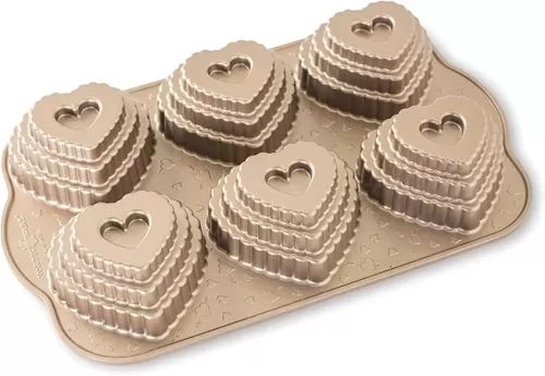 Nordic Ware Cast Bundt Bakeware Tiered Heart Cakelets Toffee, 3-Cup