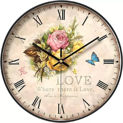 NUOVO Wall Clock 12 Inch Wall Clock Vintage Floral 'Love' Quote Design with Roses and Butterflies Roman Numerals Decorative