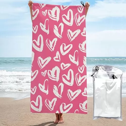 Oversized Beach Towel Light Pink Heart Beach Towel No Sand Quick Dry Microfiber Pool Towel Absorbent Lightweight Swimming Towel 27.5 x 55 Inch for Travel Gym Yoga Bath Sports