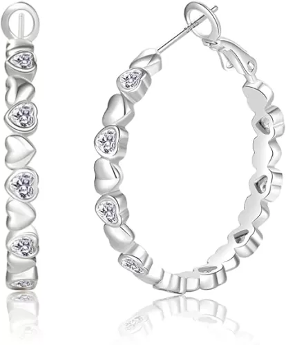 PABBEU S925 Sterling Silver Hoop Earrings for Women Cubic Zirconia Hypoallergenic Lightweight Dainty Heart Large Silver Hoop Earrings for Women 30/40mm