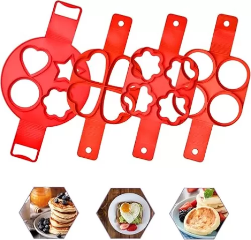 Pancake Making Mold Akamino Fried Egg Mold Reusable Silicone Pancake Maker with 4 Cavity (Heart Round Star) - 4 Pieces