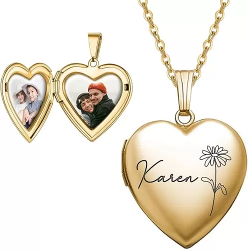 Personalized Heart Locket Necklace Customize Photo 925 Sterling Silver Picture Locket Necklace for Women Girls kids Engraved Birth Flower and Text Birthday Christmas Gifts for Women Girls Kids