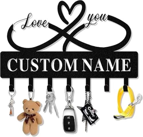 Personalized Key Holder for Wall, Custom Metal Infinity Heart Shape Key Hooks with Couples Names, Custom Name Key Rack, Key Holder Wall Hanging for Home Office Housewarming Gift