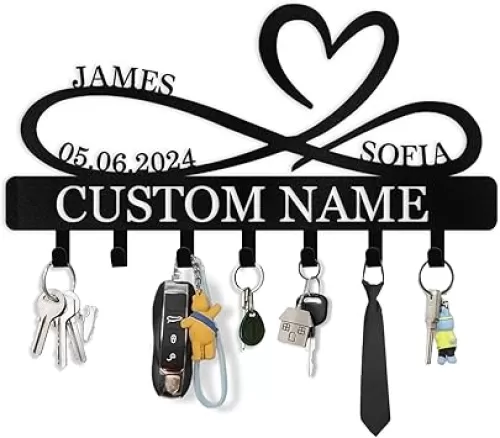 Personalized Key Holder for Wall, Metal Infinity Heart Key Hooks, Custom Couple