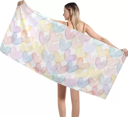 Pink and Yellow Heart Shapes Beach Towel Thin Quick Dry Super Absorbent Oversized Lightweight Towels for Travel Sports Pool Swimming Bath Camping Yoga Towels 29x58inch