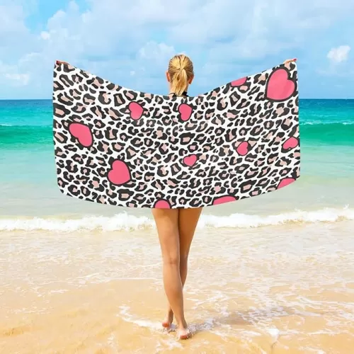 Pink Cheetah Leopard Print Animal Heart Beach Towel 30" x 60", Super Absorbent Bath Towel Quick Dry Lightweight Towel for Beach Yoga Travel Swim Camping Holiday