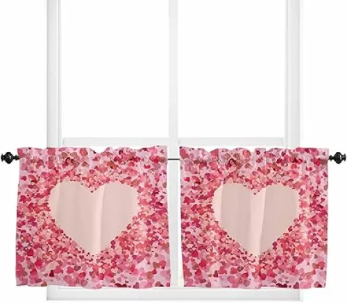 Pink Gold Love Kitchen Curtain 36 Inch Length Small Short Cafe Tiers Curtains Drape, 2 Panel Window Treatment Rod Pocket Drapery Panels Curtains, Minimalist Valentine's Day Heart 55x36