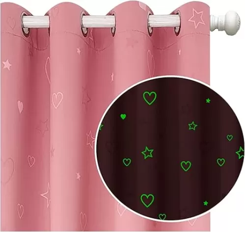 Pink Heart Curtains for Girls Bedroom – Kids Curtains with Glow in The Dark Heart Pattern – Blackout Thermal Insulated Noise Reducing – Set of 2