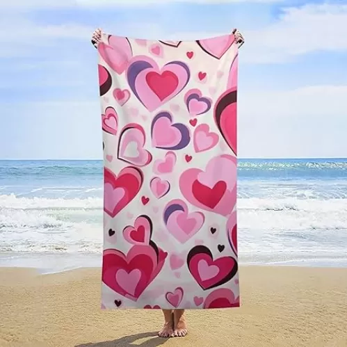 Pink Hearts Beach Towels 30x63 Inch Valentine's Day Cute Red Love Hearts for Couples Lovers Blanket Or Bath Towel Thin Sand Free Towels Microfiber Absorbent Quick Dry for Bathroom Swim