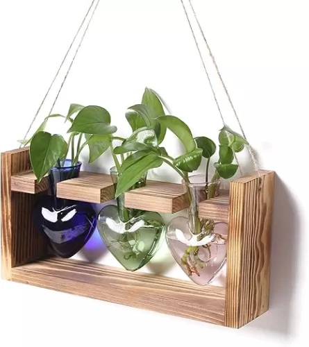 Plant Terrarium Unique Birthday Gift for Women Wall Planters for Indoor Hydroponic Plant Propagation Stations Heart Shaped Glass Vase with Wooden Stand