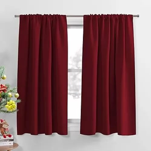 PONY DANCE Kitchen Curtains 45 inch Length - Blackout Window Panels Decorative Window Covering/Drapes with Rod Pocket Top for Xmas Decor, 42 W x 45 L, Red, Set of 2
