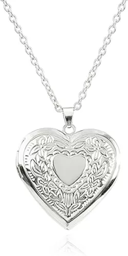 POYAMUSE Heart Locket Necklace for Women, Vintage Brass Locket Pendant - Floral Engraved Design, Heart Shaped Pendant Keepsake Jewelry