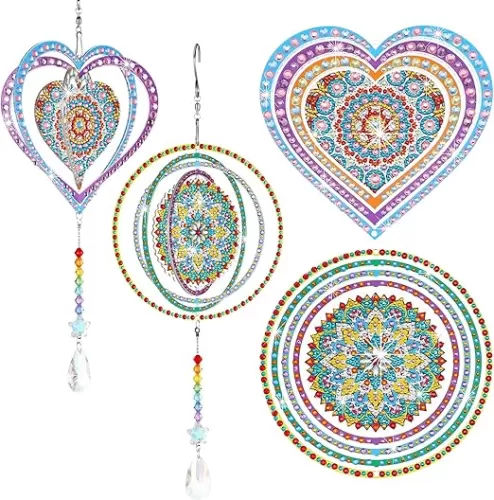 Queekay 2 Pieces 3D Diamond Painting Wind Chime Diamond Art Suncatcher Kits Three Dimensional by Number Hanging Ornament Double Sided Crystal Suncatcher Window Decor for Home Wall Garden(Heart)