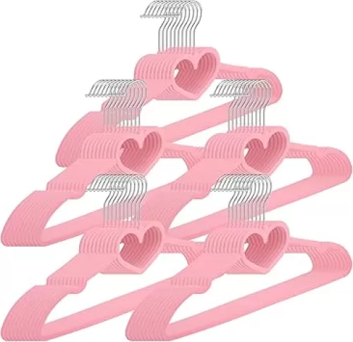 Qunclay 50 Pieces Cute Heart Hangers with 360 Degree Swivel Hook Heavy Duty Clothes Coat Hanger for Adult Jackets, Pants, Shirts, Suit, Dress Room Closet Space Saving(Pink, Velvet)