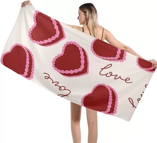 Red Heart Shaped Cakes Beach Towel Oversized 29x58in Large Pool Towel Lightweight Soft Absorbant Sand Free Fast Dry Beach Blankets Bath Towel for Travel Swim Pool Yoga Gym Camping