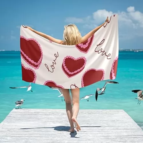 Red Heart Shaped Cakes Beach Towel Oversized 31x71in Extra Large Pool Towel Lightweight Soft Absorbant Sand Free Fast Dry Beach Blankets Bath Towel for Travel Swim Pool Yoga Gym Camping