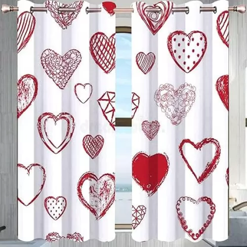 Red Heat Reducing Curtains, Love Heart Shaped Divider Curtains Thick Weight 55in Width by 45in Height