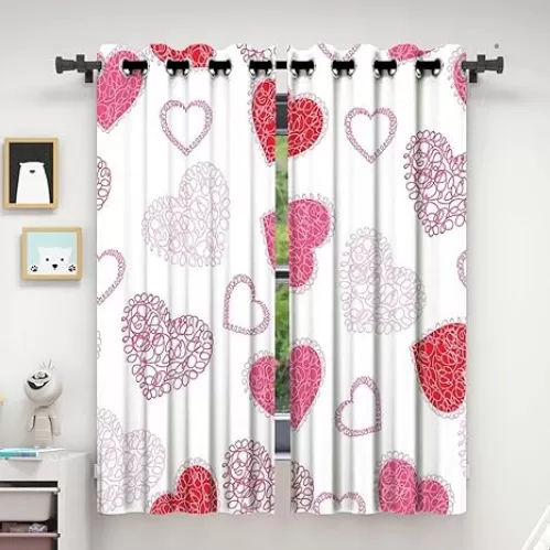 Red Window Curtains Bedroom, Love Heart Shaped Doorway Curtains Privacy Currains 72in Width by 72in Height