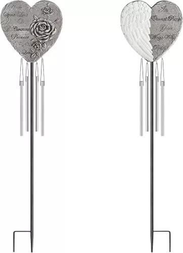 Resin Heart Wind Chime with Rose & Angel Wings Engravings - Memorial Plaques for Garden Cemetery Grave Decoration-Sympathy Gifts for Loss of Loved One
