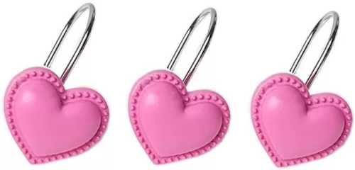 Resin Lovely Heart Shape Shower Curtain Hooks Set of 12 Solid Color Curtain Accessory Sweet Heart Anti-Rust Bathroom Decorative Hangers (Pink)