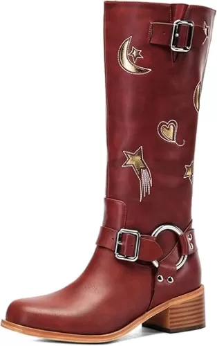 Riding Boots for Women Knee High with Buckle Stars Moon Heart Patterns Low Heel