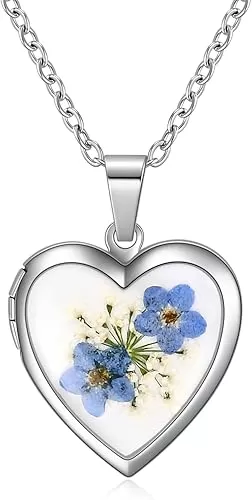 Rnivida Flowers Heart Locket Necklace for Women, Hold Photo Pictures Locket, 18 Inches