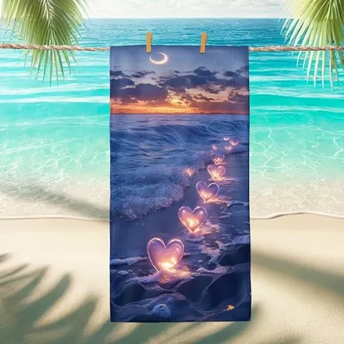Romantic Heart Shaped Beach Towel Deep Blue Ocean Sunset Print, Quick Dry Soft Absorbent Sand Free Lightweight Blanket, Ideal for Vacation Picnic Pool Gym Outdoor Travel Essentials 70x35 Inch