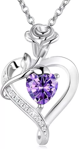 S925 Sterling Silver Rose Flower Dainty Birthstone Heart Necklaces Gifts for Women Jewelry Anniversary Valentines Day Birthday Gifts for Wife Girlfriend Mom