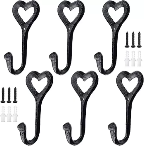 Semetall Retro Cast Iron Coat Hooks Set of 6-4.7x2.2 Inch Heart-Shaped Wall Hooks with 35lb Capacity, Rust-Resistant Entryway Hooks for Coats, Hats, Bags & Towels (Vintage Home Decor)