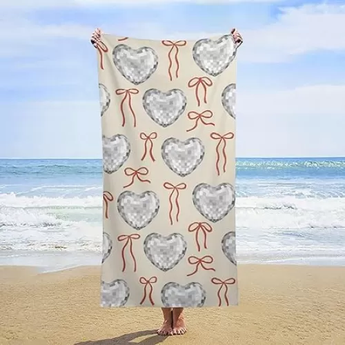 Shaped Disco Balls Heart Beach Towel Lightweight Large Oversized Bath Towel 63" X 32" Pool Towel Super Soft Microfiber Towel for Men, Boys, Girls, Kids, Women