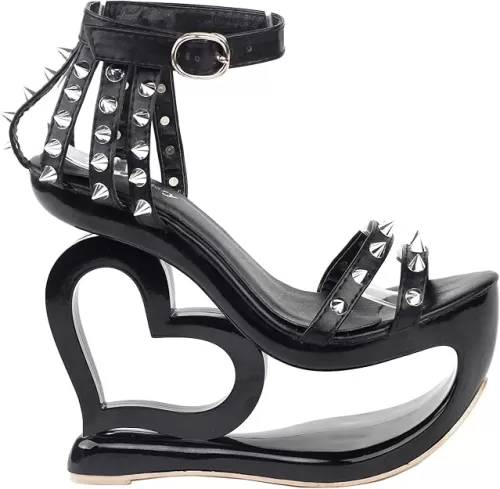 SHOW STORY Punk Black Spikes Strappy Heart Heel Wedge Evening Sandals, LF40204