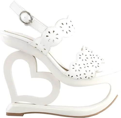SHOW STORY Retro White Floral Cut-Out Heart Heel Wedge Evening Platform Sandals, LF40224