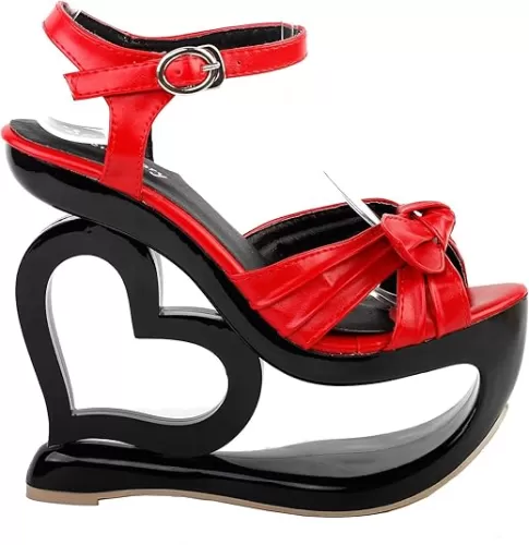 SHOW STORY Sexy Black Red Criss Cross Heart Heel Wedge Party Sandals, LF40208
