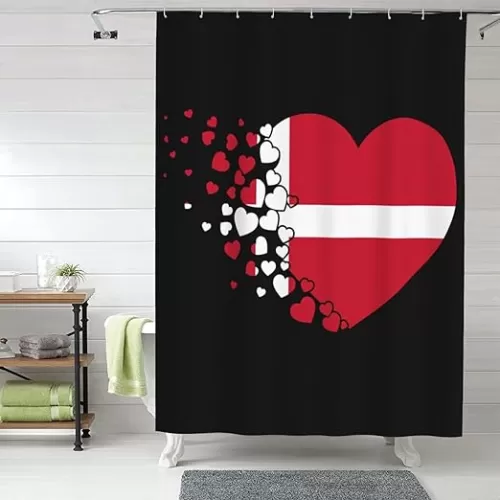 Shower Curtain Denmarkthe Kingdom of Denmark Danes Heart Shaped Flag Black Shower Curtain Sets Waterproof Bathroom Shower Curtain with 12 Hooks 60x72 Inch