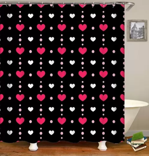 Shower Curtains Set, Red Heart-Shaped Wallpaper Ornament Seamless Pattern, Designer Print Polyester Decorative Cloth, Bathroom Curtains with 12 Hooks(72x72 Inch) (Pink-Black)