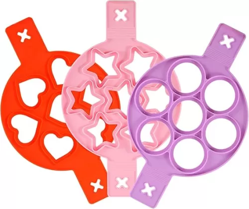 Silicone pancake mold heart shaped five star and circular, three color, three piece set