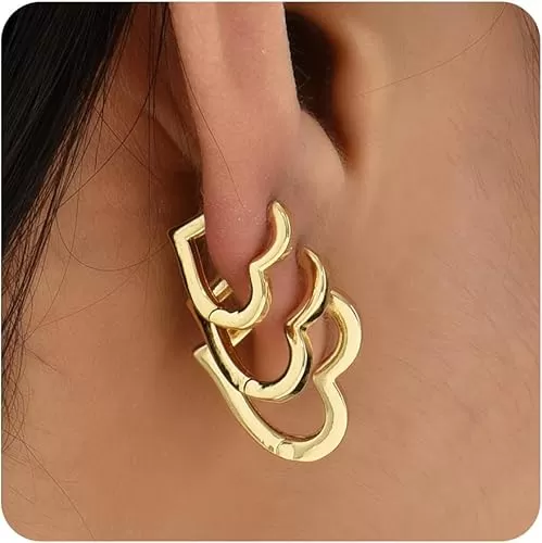 Sloong 3pairs Hoop Earrings Set 14K Gold Plated Lightweight Hypoallergenic Chunky Square Star Heart Twist Hoop Earrings Gold Rectangle Earring for Women Gift